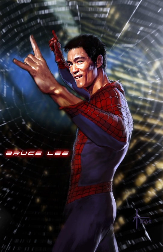 bruce-lee-spiderman Actores famosos reimaginados como héroes de Marvel