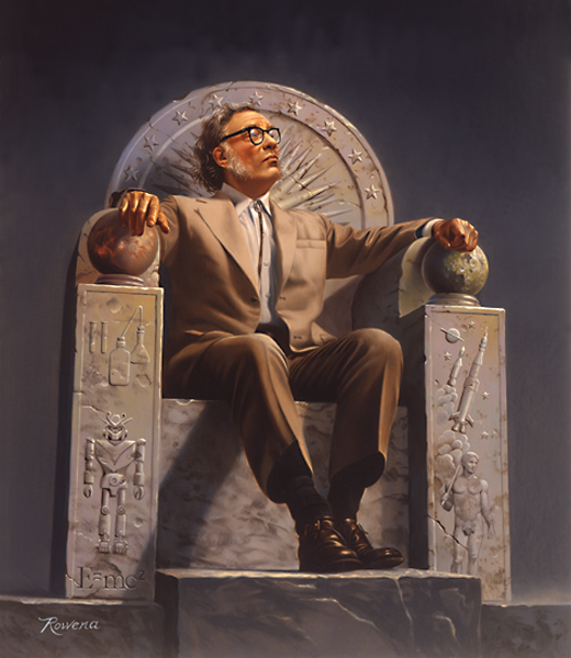 Isaac Asimov representado en un trono de símbolos según la visión de Rowena Morril