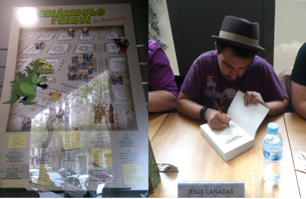 Cartel del triángulo friki en el escaparate y Jesús Cañadas, firmando Los nombres muertos, novela editada por Fantascy