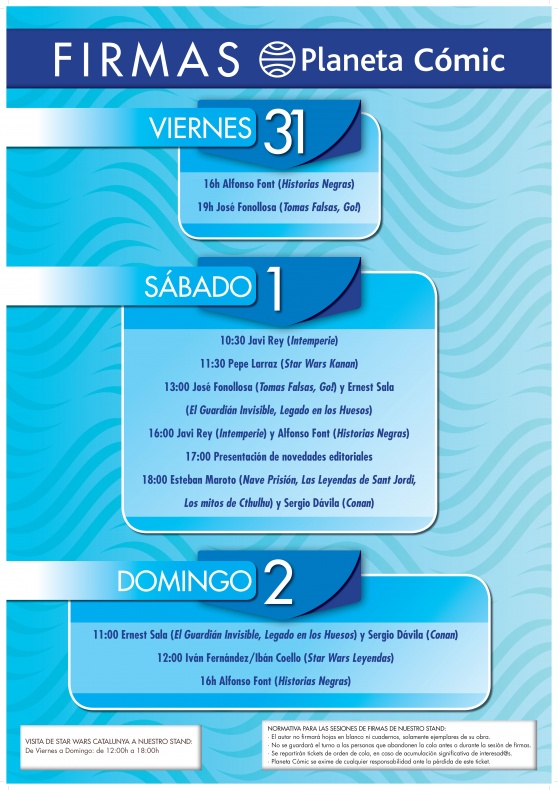 Horario de firmas de autores en Planeta Cómic durante el 35 Salón del Cómic de Barcelona 1 Cartel de firmas, Planeta Cómic