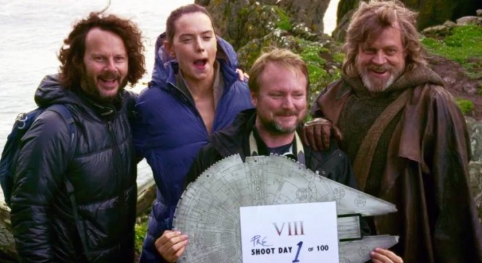 Ram Bergman, Daisy Ridley, Rian Johnson y Mark Hamill