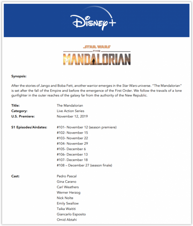 Se revelan las fechas de estreno de los episodios de The Mandalorian