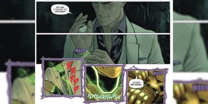 Lex Luthor activa la armadura del bat-traje a través de un botón en su muñeca