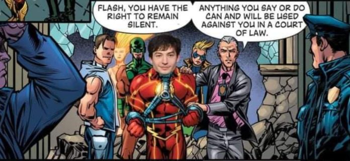 Ezra Miller detenido como The Flash - montaje cómic - destacada