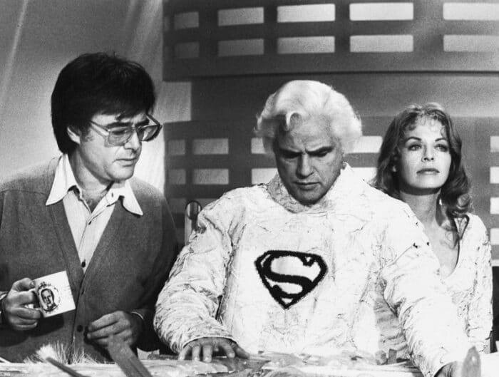 Richard Donner, Marlon Brando y Susanna York en el rodaje del Superman de 1978