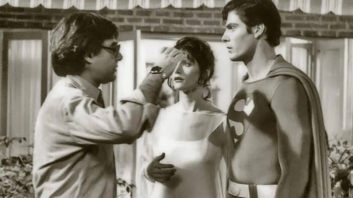 Richard Donner, Margot Kidder y Christopher Reeve en el rodaje de Superman (1978)