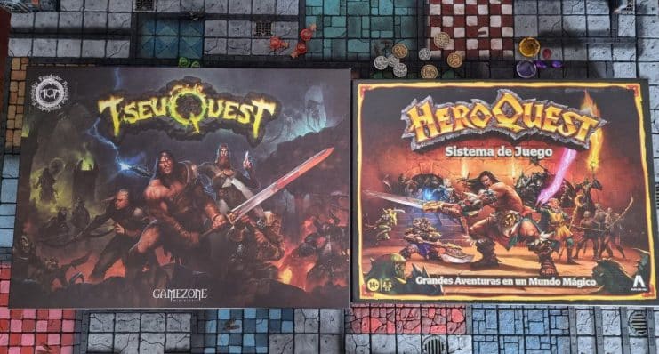 TseuQuest vs Heroquest: caja, tablero, libros y pantalla